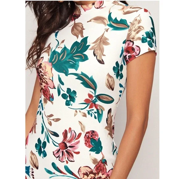 Floral Pattern White Slim Dress Knee Length - Picture 5 of 9